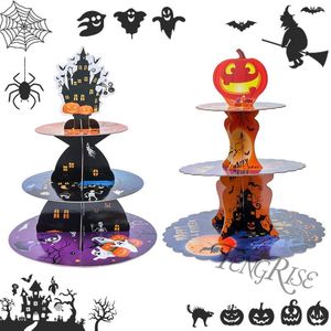 Feestelijke benodigdheden Halloween 3-Tier Round Cardboard Cupcake Stand Festival Dessert Tower Treat Pastry Cake Serving Platter Food Display