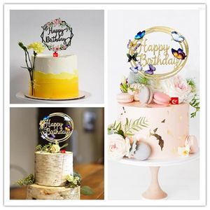 Feestelijke voorraden gelukkige verjaardag acryl cake topper gouden bloemen vlinder feestdecoraties dessert supplie