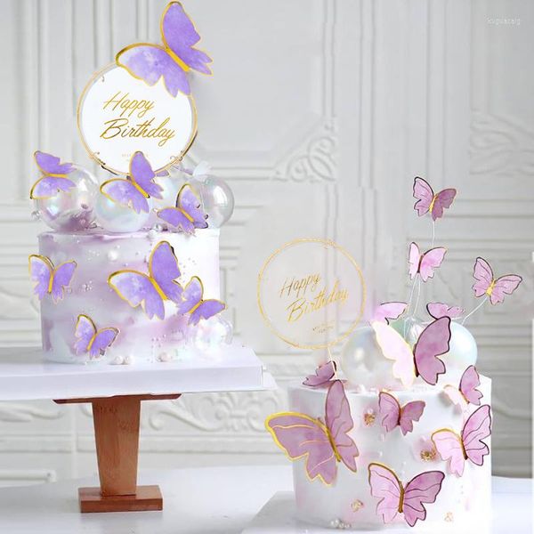 Fournitures de fête joyeux anniversaire gâteau Topper décoration rose violet papillon ensemble fête de mariage bébé douche cuisson amour cadeau