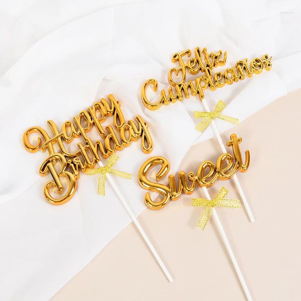 Suministros festivos Adorno para tarta de feliz cumpleaños Español Feliz Cumpleanos Adornos de plástico dorado para fiesta Baby Shower Decoraciones de postres