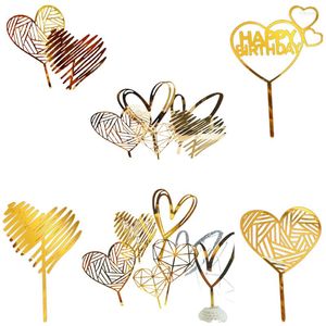 Feestelijke voorraden Happy Birthday Love Flag Cake Topper Acryl Mirror Letter Gold Silver Decoratie voor feest bruiloft