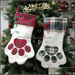 Fournitures de fête Accueil Gardenchristmas Bas Monogramme Pet Dog Paw Gift Bag Plaid Bas de Noël Ornements d'arbre de Noël Décorations