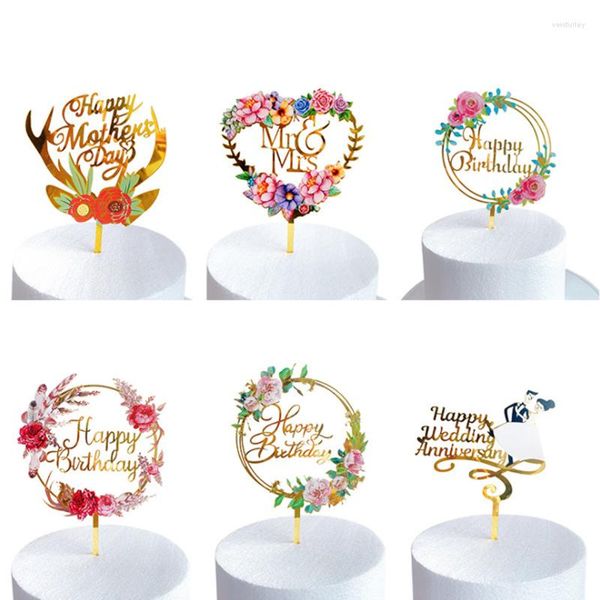 Fournitures de fête Ins Style impression couleur fleur acrylique gâteau carte insertion joyeux anniversaire et décoration de mariage