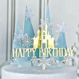 Feestelijke voorraden Merry Christmas Shiny Gold Baking Cake Toppers Decoraties Snowflake Castle Tree Cupcake plug-in Dubbele Acryl Jaargeschenken