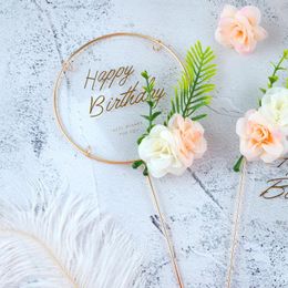 Suministros festivos Flores de metal Adorno para pastel de feliz cumpleaños Oro acrílico transparente para decoraciones de fiesta