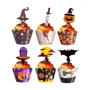 Feestelijke benodigdheden Ander feest 12/24 stks Halloween Cartoon Pumpkin Bat Cupcake Wrapper Paper Cake Toppers Happy Birthday Decoratie