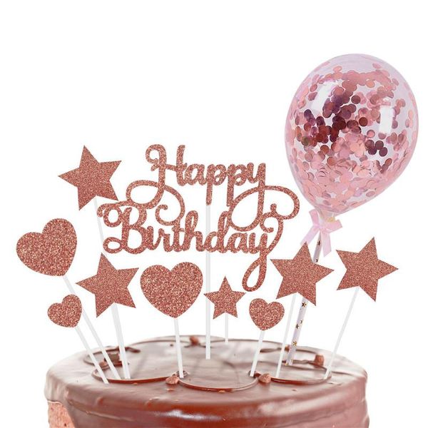 Suministros festivos Otra fiesta 1 Juego de adornos para pastel de feliz cumpleaños de oro rosa con globos de confeti Decoración para niños Baby Shower Favor Boda D