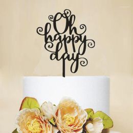 Fournitures de fête Autre fête Oh Happy Day Cake Topper Acrylique Décoration en bois Miroir Or Noir Accessoires Fournitures1