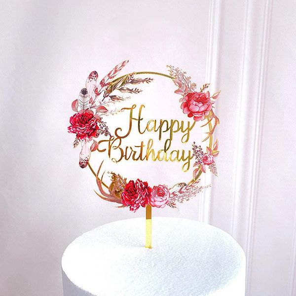 Suministros festivos Otra fiesta Flores rosas Feliz cumpleaños Adornos acrílicos para pasteles Decoración dorada para decoraciones de bodas