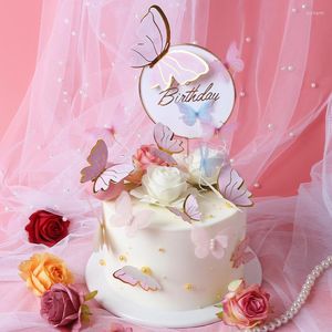 Feestelijke benodigdheden roze gouden vlinder gelukkige verjaardag cake topper bruiloft bruid dessert decoratie voor feest mooie geschenken baby shower