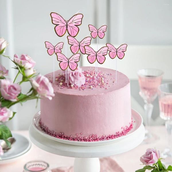 Suministros festivos, adorno de pastel de mariposa rosa púrpura, decoración de feliz cumpleaños para niñas, fiesta de boda, postre horneado, Baby Shower