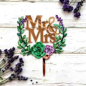 Feestelijke benodigdheden Rose Gold Mirror Acryl 'Mr Mrs' Floral Wreath Cake Topper Wedding Decorations