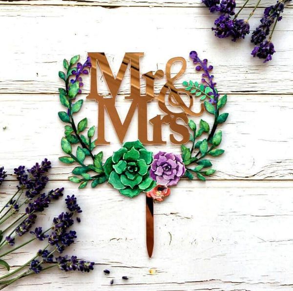 Suministros festivos Rose Gold Mirror Acrílico 'Mr Mrs' Floral Wreath Cake Topper Decoraciones de boda