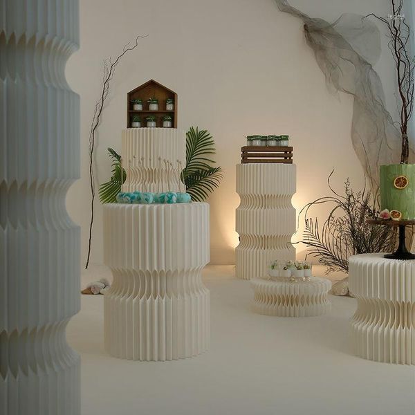 Fournitures de fête décoration de mariage papier dur blanc piliers de cylindre pliants support d'exposition mobile gâteau Dessert Rack colonnes pour la fête