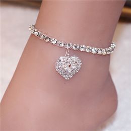 Chaînes de Cheville en Strass Polyvalentes festives Plein Diamant personnalité Amour Coeur Pieds chaîne Accessoire européen et américain Fille Corps chaîne 2 pièces/Ensemble