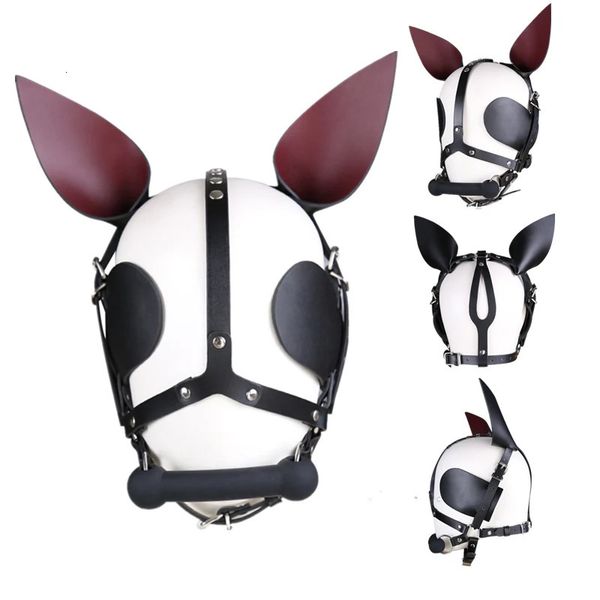 Arnés de cuero fetiche Pieza para la cabeza Máscara con capucha con hueso de silicona Boca Mordaza Orejas Sombra de ojos Bit Venda para Pony Pet Cosplay Bdsm 240109