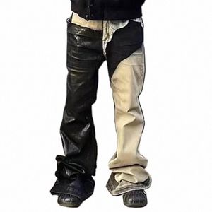 FLYQ Hommes Pantalons Mer Épissé Brossé High Street Niche Empilé Jeans Polyvalent 2023 Nouveau Ctrast Couleur Fi Automne e4ut #