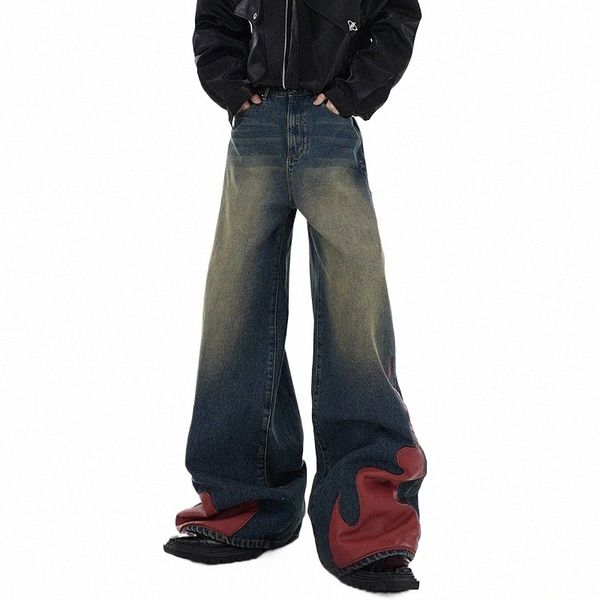 FLYQ Hommes Pantalons PU Spliced Baggy Jeans Niche Design Mer Cuir Patchwork Streetwear Lâche Wie Leg Casual Denim Pant 9C1719 E1Rd #
