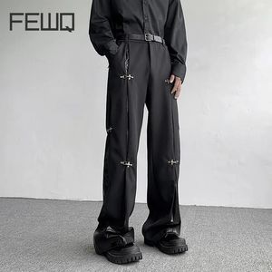 FEWQ hommes pantalons automne hiver boucle en métal conception PU cuir épissage mode couleur unie Darkwear pantalon 24X1740 240111
