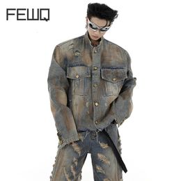 FewSq Niche Destruction Denim Jacket Set Vintage Male Micro Horn Ripped Jeans Single Breasted Stand Collar Fashion 24x1352 240415