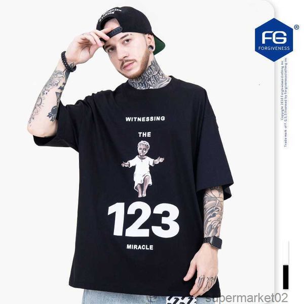 FG hommes 2023 printemps et été nouvelle marque de mode lettre pour enfants de la rue américaine imprimée col rond T-shirt ample à manches courtes