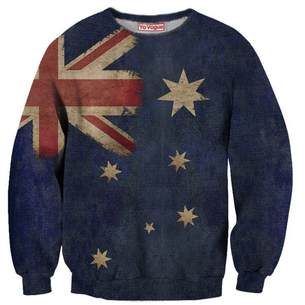 FG1509 Femmes/hommes style harajuku tie dye sweat à capuche col rond sweat hauts vintage aussie/australie drapeau 3d sweat pulls vêtements d'extérieur