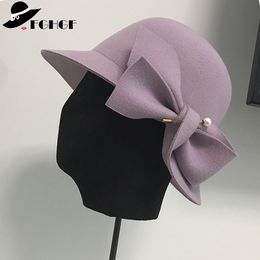 Fghgf elegante formele vrouwen wol vilt hoed winter fedoras cloche bolhoed met boog dames bruiloft 2018 cap