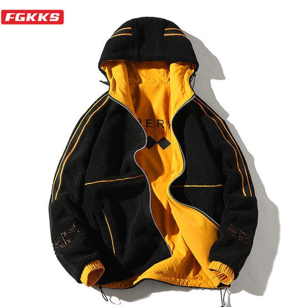 FGKKS Hommes Vestes En Peluche À Capuche Solide Couleur Hommes Veste De Mode Manteaux Marque Manteau Chaud Porter Les Deux Côtés Vestes D'hiver Mâle 201104