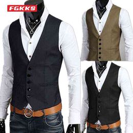 FGKKS Mannen Pak Vest Slim Fit Effen Kleur Single Breasted Formeel Zakelijk Bruiloft Vest Gilet Homme Merk Mannen Pak Vest 211120