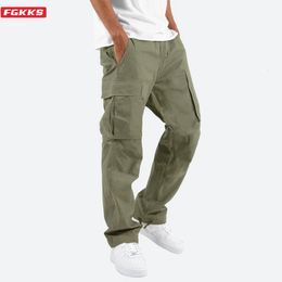 FGKKS pantalon hommes ample droit multi-poches couleur unie polyvalent vêtements de travail pantalon coton décontracté homme pantalon 230226