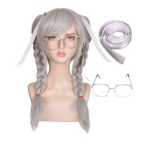 Fgywigs Anime Danganronpa Dangan Ronpa Peko Pekoyama Zilver En Wit Dubbele Paardenstaart Gevlochten Cosplay Halloween Synthetische Pruik H220513