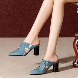 FHANCHU 131 Slides Heeled Slippers High Spring/Summer Lazy Shoes Slip On Close Pointed Toe Outside Wear Blue White Dro 77