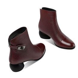 FHANCHU – bottes courtes en cuir PU souple pour femme, chaussures d'hiver à boucle, à la cheville, bout rond, marron, noir, livraison directe, 2022