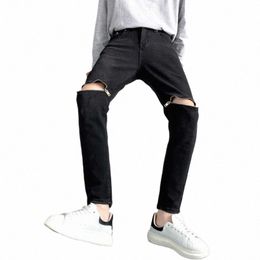 Fi 2022 Black Zipper Ripped Denim Jeans pour hommes Automne Genou Zipper Straight Stretch Coréen LIM Pantalon en denim polyvalent a9zN #
