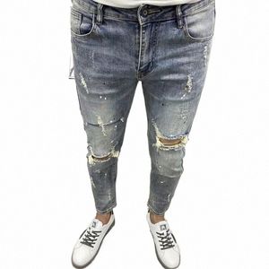 Fi 2022 Spring Ripped Hole Patch Slim Pieds Denim Couleur claire Wed Joker Tight Streetwear Hommes Designer Jeans pour hommes I8sz #