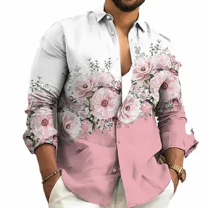 fi 2023 herenoverhemd bloemenpatroon 3D-printen roze blauw paars grijs buiten straat LG mouw kleding ontwerper casual 36Ud#