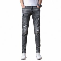 Fi 2023 Jeans Slim de luxe élégant pour hommes avec trous déchirés Stretch Distred Denim Pantalon Cott Cowboy Pantalon pour hommes C8qv #