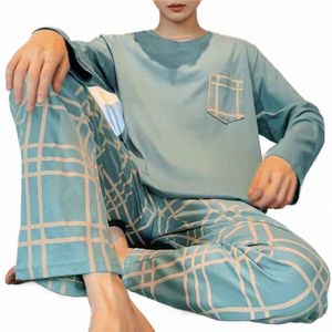 Fi Autumn Letter Imprimer des pyjamas Sets pour hommes Pantalons à carreaux Pure Cott Male Big Yards 4xl Home Wear Lounge Nightwear T88X #