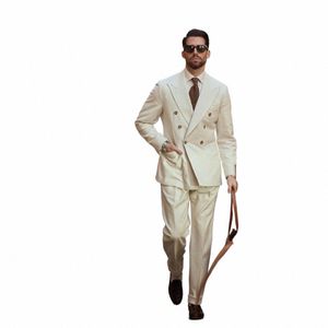 Fi Beige Costumes pour hommes Double boutonnage formel Busin Blazer mariage marié smoking 2 pièces veste gilet pantalon Costume Homme h4qf #