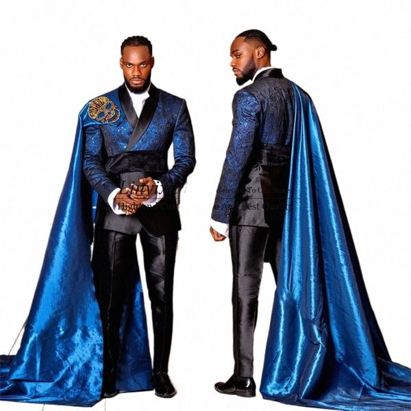 Fi Bleu Jacquard Hommes Costume De Mariage Slim Groom Tuxedos Avec Cape Brillant 2 Pièces Ensembles Mâle Prom Party Blazers Costume Homme K2gG #