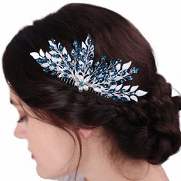 Fi Blue Rhineste Wedding Hair Combs Ally Bladeren Pearl Bruids Hoofdred Vrouwen Haar Terug voor bruiden Kiefstuk Tiara I3YM#