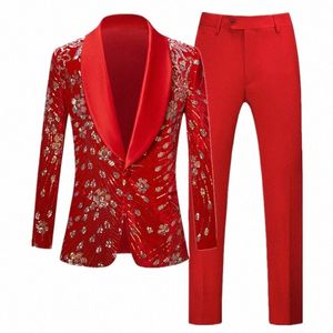 Costume à paillettes pour hommes de marque Fi 2 pièces rouge / bleu / noir pour hommes de luxe pour mariage, bal de promo, veste et pantalon s1rG #
