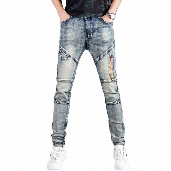 Fi Marca Cremallera Jeans de mezclilla para hombres Diseño de marca delgada Estilo de motocicleta Pantalones masculinos Persalized Craft Retro LG Pantalones b3Fx #