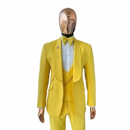 Fi trajes de lujo de color amarillo brillante para hombres Terno solo pecho chal solapa traje elegante 3 piezas chaqueta + pantalones + chaleco conjunto completo k7eP #