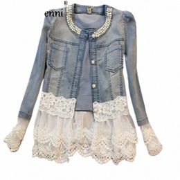 Fi Style britannique cousu Denim veste femmes 2024 automne décontracté Streetwear Peg perles O cou solide Lg manches femme manteau 67MH #