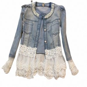 Fi Britse Stijl Gestikt Denim Jas Vrouwen 2024 Herfst Casual Streetwear Peg Kralen O Hals Effen Lg Mouw Vrouwelijke Jas 67MH #