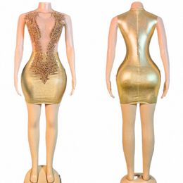 Fi Celebre los vestidos de noche de las mujeres Stretch Gold Rhinestes Dr Singer Stage Gogo Dance Costume Festival Outfit XS7385 y9SQ #