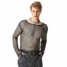 Fi Clubwear Style Tops INCERUN Hommes Sexy Tissu Brillant T-shirts Casual Transparent Mesh Mince Lg T-shirts à manches S-5XL 2023 D9ul #