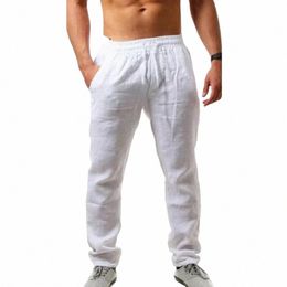 Fi Cott Pantalones de lino Pantalones de color sólido para hombres Pantalones LG Pantalones sueltos y transpirables Pantalones casuales de calle Pantalones de chándal simples C6Y6 #