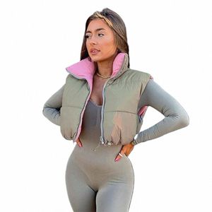 Fi Mignon Femmes Rose Puffer Vestes Gilet Manches Bulles Manteaux Parkas Bas Taille Haute Gilets Réversible Cott Crop Parkas N78V #